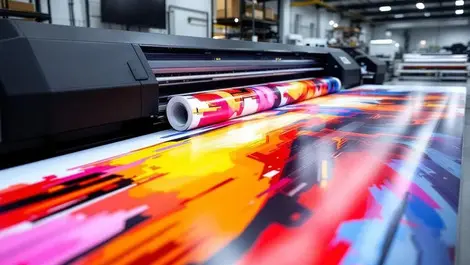 Large format printer colorful graphic banner printing modern workshop