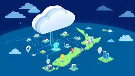 Modern cloud above new zealand map with data streams to hospitals schools businesses