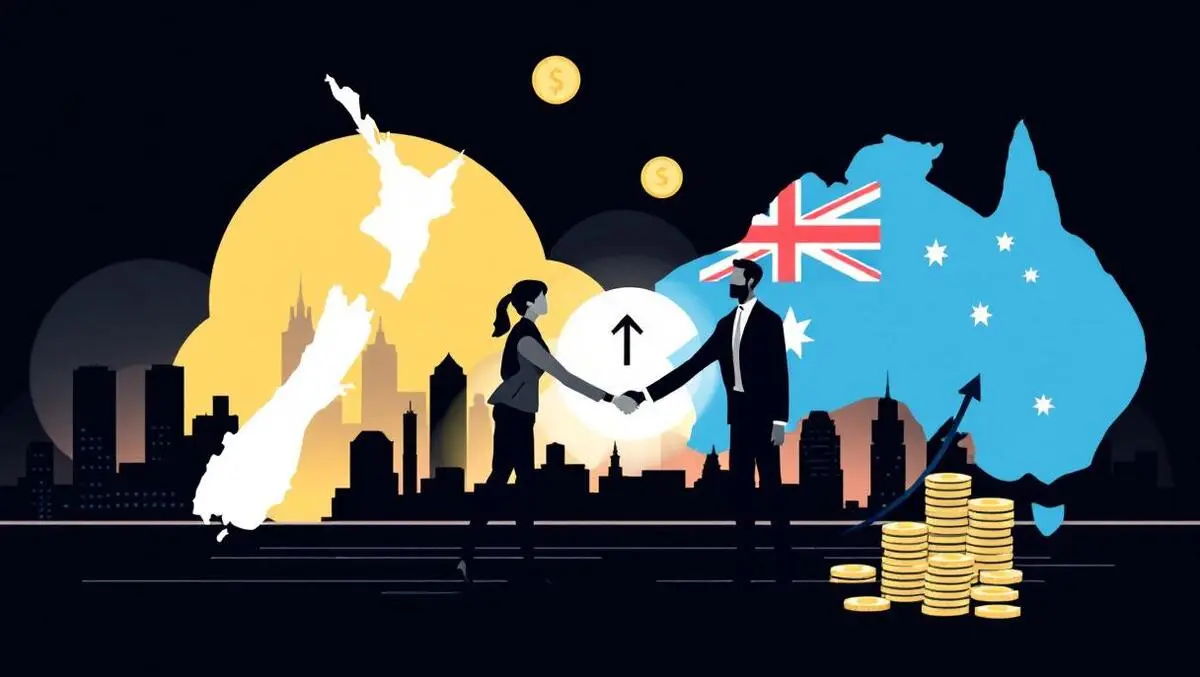 Businesspeople shaking hands nz australia skyline coins upward arrow investment expansion