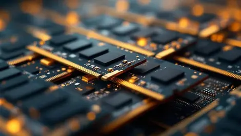 Close up illustration multiple dram memory modules stacked gold tone tech hardware