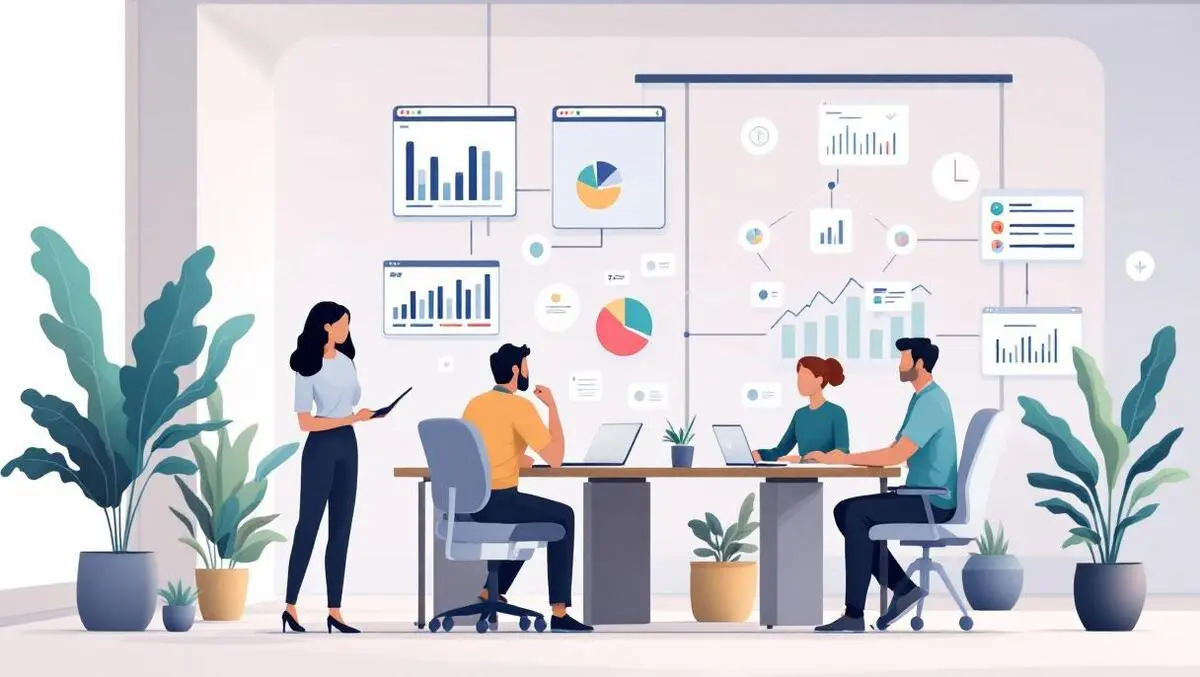 Business office professionals digital interface interconnected charts graphs automation streamlined workflows b2b marketing