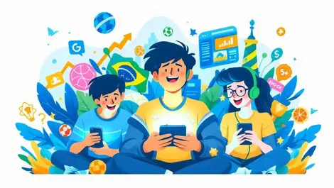 Enthusiastic brazilian gamers mobile phones vibrant sports gaming icons growth energy