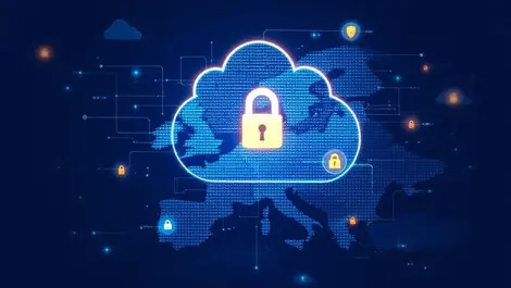 Secure data cloud above europe map with digital locks shields symbolizing privacy