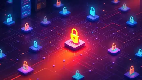 Secure digital network interconnected nodes lock icons protected pathways legacy it shadow