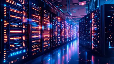 Realistic modern server room high tech hardware glowing processors interconnected cables