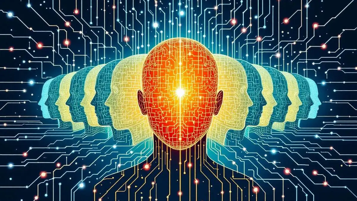 Human heads facing same direction digital circuit lines uniform thinking cybersecurity