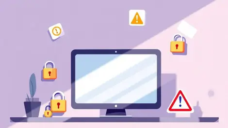 Computer screen padlocks warning signs shadows online risks privacy home