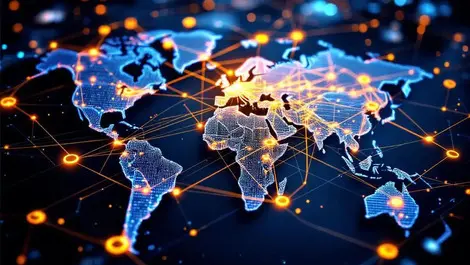 Global data center network illustration server racks network lines world map