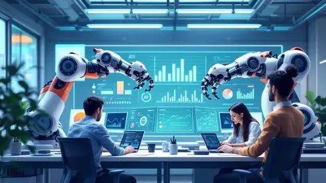 Realistic illustration office humans working with robotic arms ai analytics