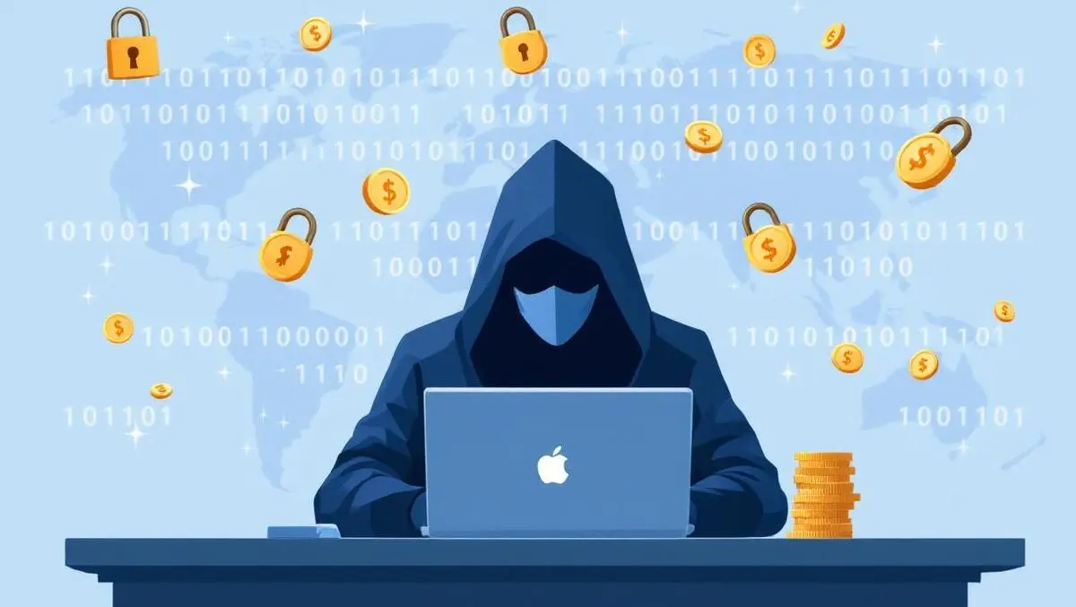 Hooded figure computer locks coins binary code global cybercrime ransomware
