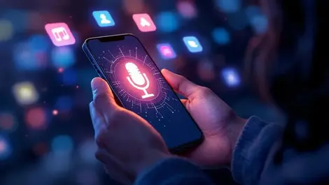 Person holding smartphone glowing microphone icon ai assistant transition