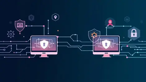 Two computer systems connected digital lines secure data exchange shield icons cyber threat