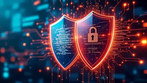 Two interlocking shields digital patterns cybersecurity unified defense global networks