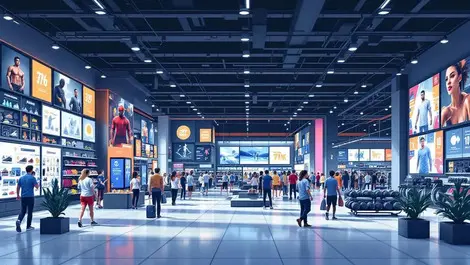 Realistic modern large sports retail store interior bustling shoppers