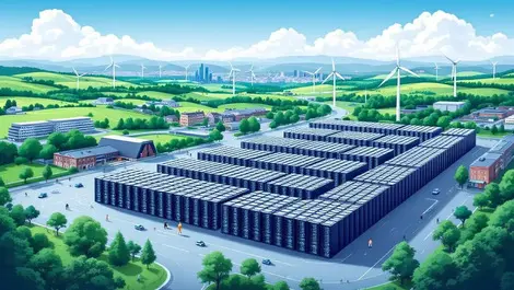 Modern data centre with server rows urban london welsh hills wind turbines