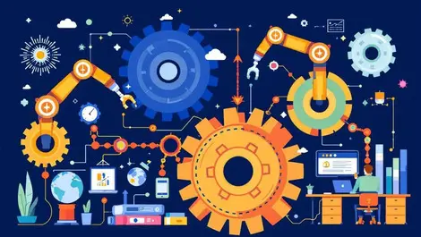 Interconnected gears robotic arms automating office tasks workflow automation