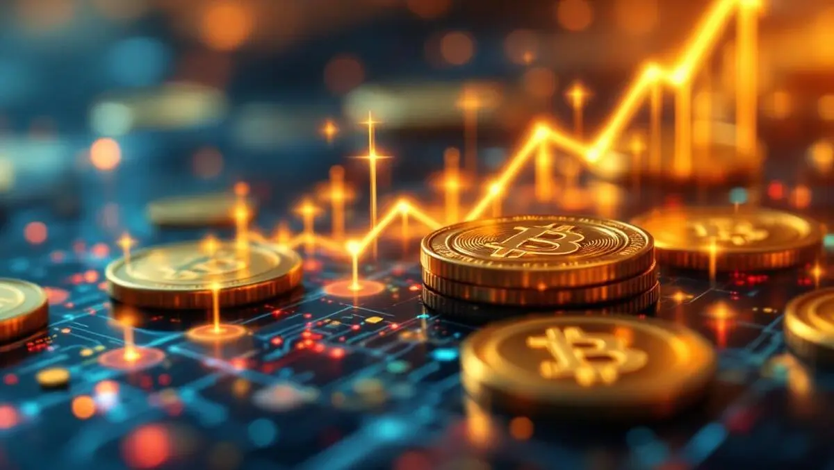 Golden coins digital circuit blockchain links upward growth graph