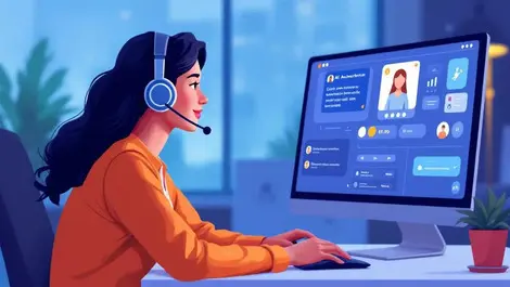 Human call centre agent headset engaging with ai assistant computer modern office