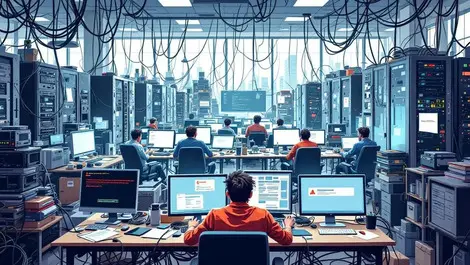 Cluttered office tangled cables server racks overwhelmed workers error screens