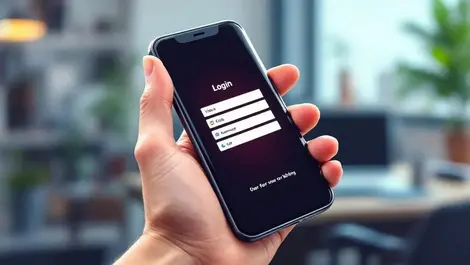 Realistic hand holding smartphone fake login screen phishing attack business office