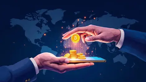 Hands exchanging digital coins over smartphone global digital payments