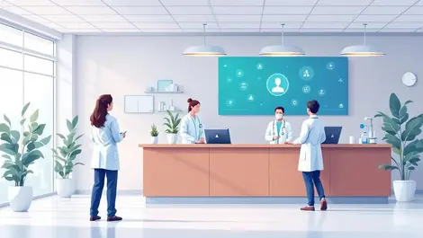 Hospital reception ai digital assistant helping medical staff patients