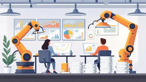 Modern australian office professionals reviewing digital dashboards robotic arm invoices ai automation finance