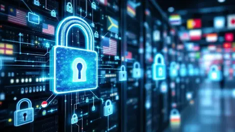 Secured data center server racks digital padlocks national flags background