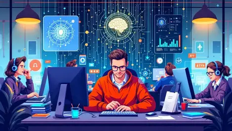 British fintech founders working on computers with ai digital neural networks modern office