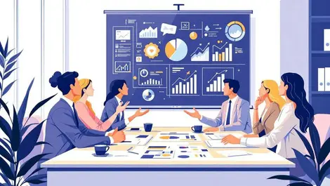 Business professionals meeting discussing charts digital marketing modern office