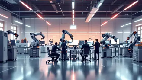 Modern robotics laboratory advanced robotic arms assembling machinery