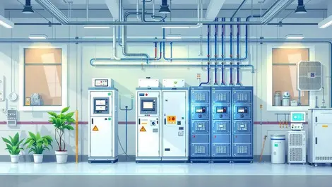 Detailed illustration modern electrical switchgear utility room clean airflow environmental tech