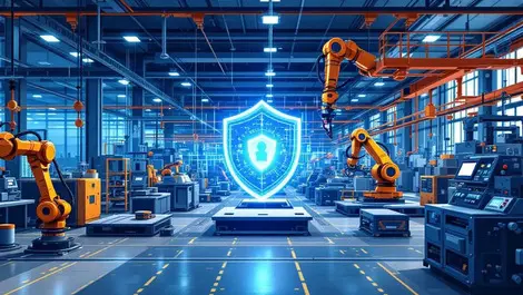 Modern factory floor advanced machinery robotic arms cybersecurity shield protection