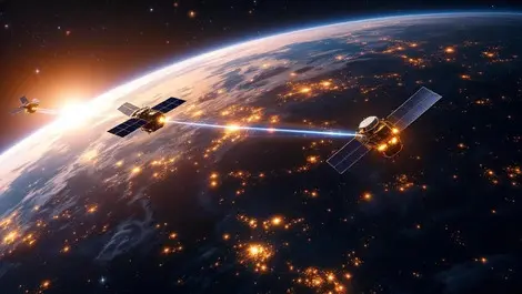 Realistic illustration two satellites connected by light beams over earth