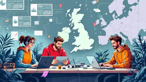 Young entrepreneurs working laptops computer hardware uk europe map background