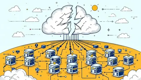 Broken cloud above interconnected servers data centers showing cloud infrastructure vulnerability