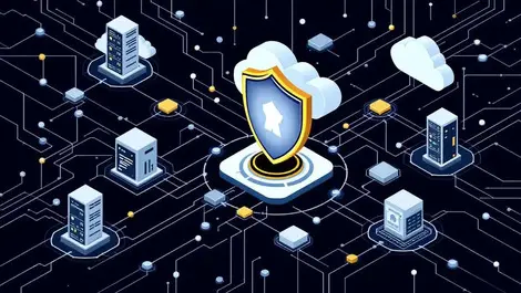 Interconnected networks computer systems shield symbol automated cybersecurity