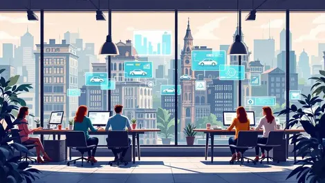 Modern office collaboration digital used car marketplace european cityscape