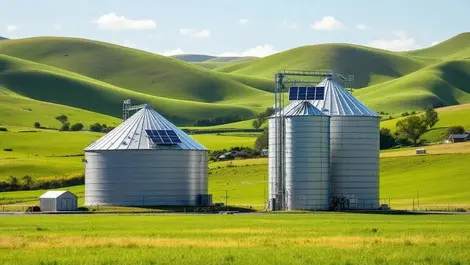New zealand farm landscape metal silos solar panels rolling green hills