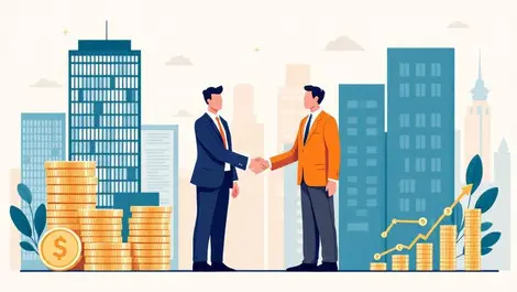 Business professionals shaking hands city buildings australia new zealand coins growth