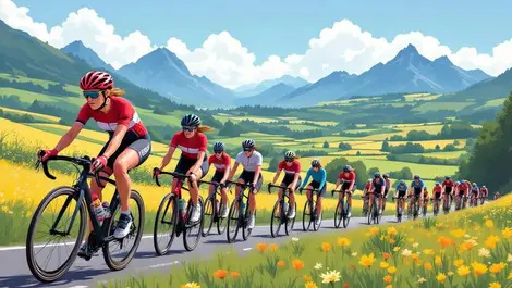 Female cyclists racing french countryside mountains fields athleticism