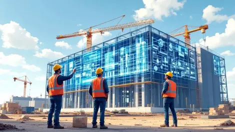 North dakota modern data center construction workers ar headsets digital blueprints sustainable infrastructure