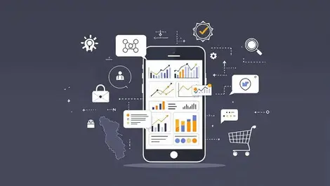 Smartphone dynamic graphs marketing icons magnifying glass shield shopping cart southeast asia map