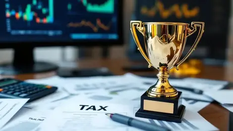 Realistic trophy on desk with tax documents calculator and financial charts