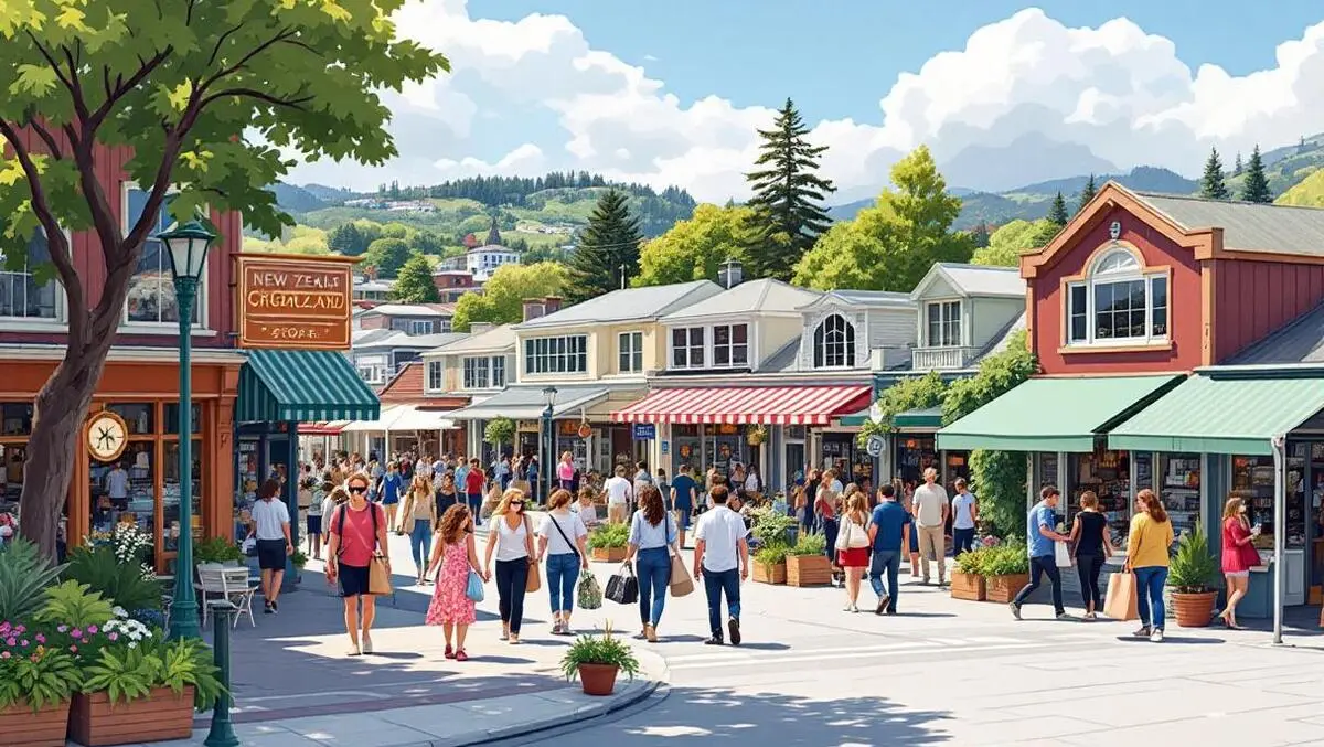 Vibrant new zealand town center small local shops bustling people