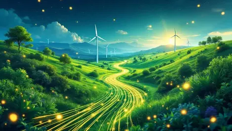 Glowing fiber optic cable lush green landscape data centers wind turbines energy efficient ai renewable europe