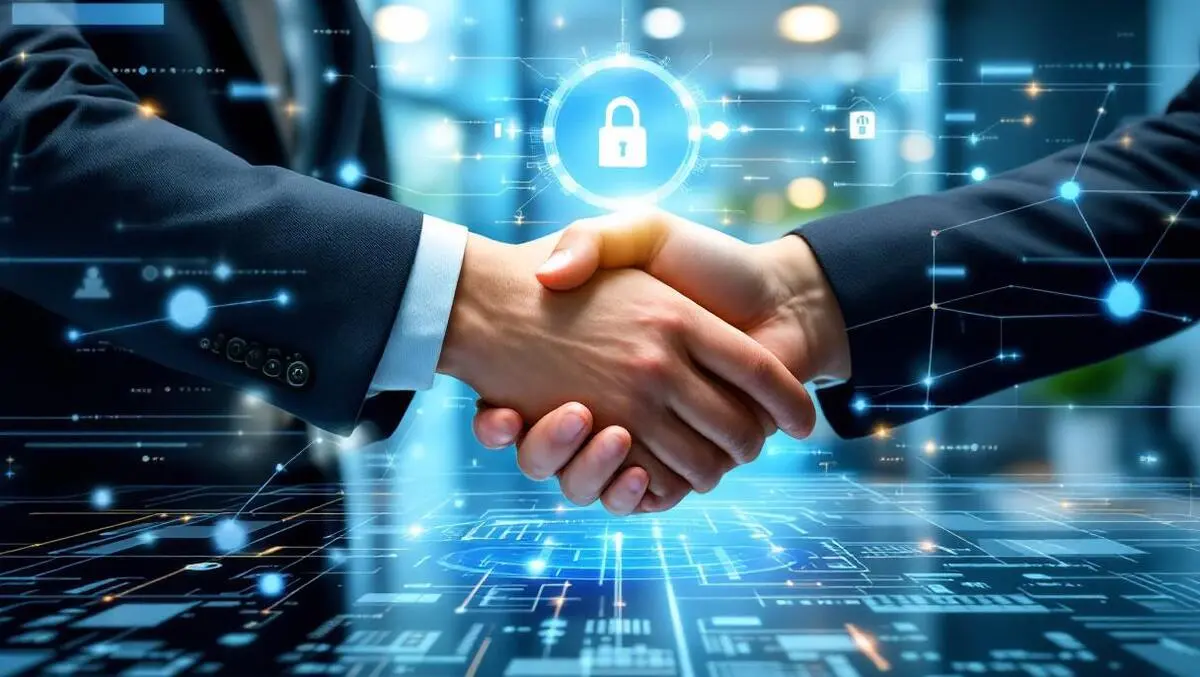 Business leaders shaking hands digital ai network security trust modern office