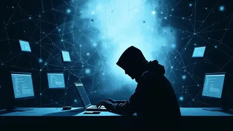 Shadowy figure using laptop dark room digital spiderwebs connecting computers representing cybercrime accessibility