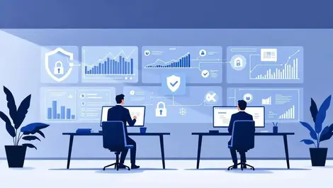 Corporate security operations room flat vector wall screens data