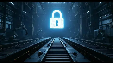 Ransomware shutdown dark factory idle robots conveyors padlock scene